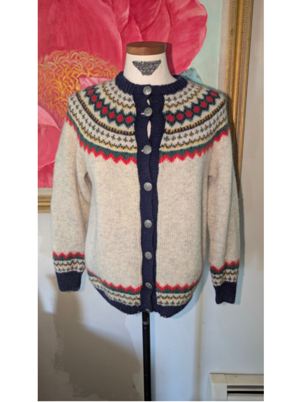 vintage Oslo Norwegian wool Cardigan Sweater Size M Beige Blue Patterned